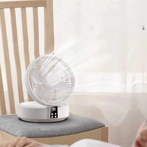 Ventilador Elétrico Dobrável com Controle Remoto - Portátil, Recarregável por USB, Luz Noturna - Ideal para Uso Doméstico e de Viagem - Outlet do Cazé